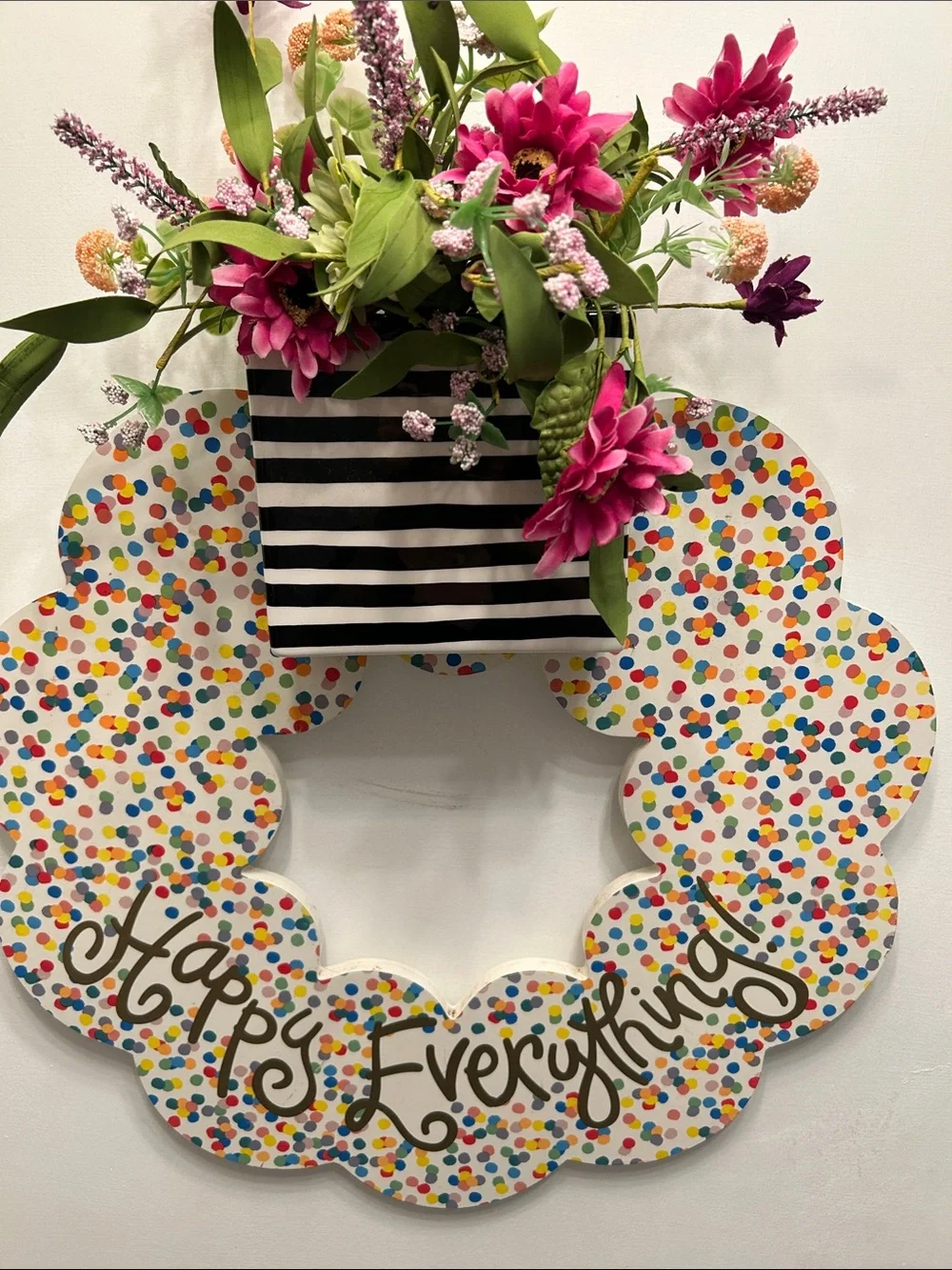Happy Everything Coton Colors Wood Confetti Decorative Wreath with Floral Accent